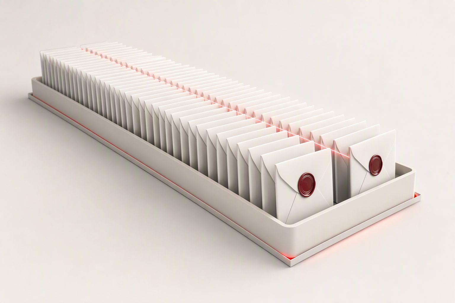 A tray with dozens of bills in perfectly aligned envelopes