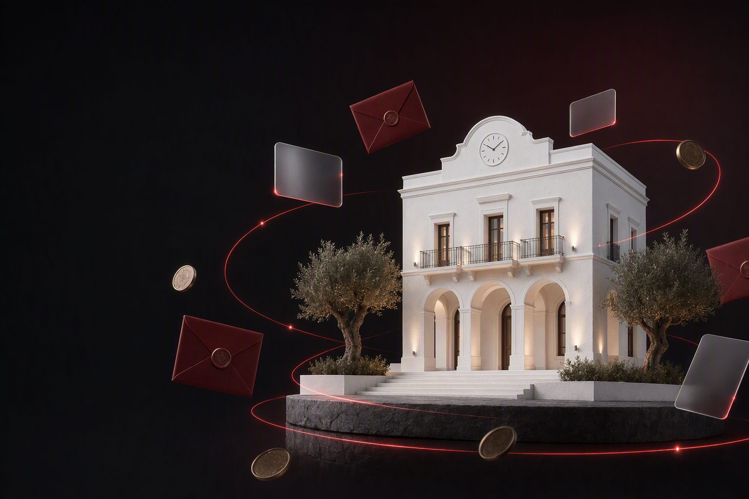 Ajuntament mediterrani envoltat de documents, sobres i cobraments connectats
