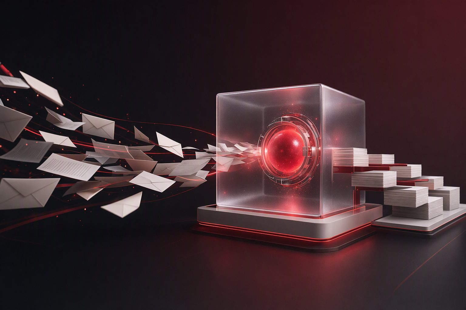 A core of light inside a glass cube, sorting envelopes and documents