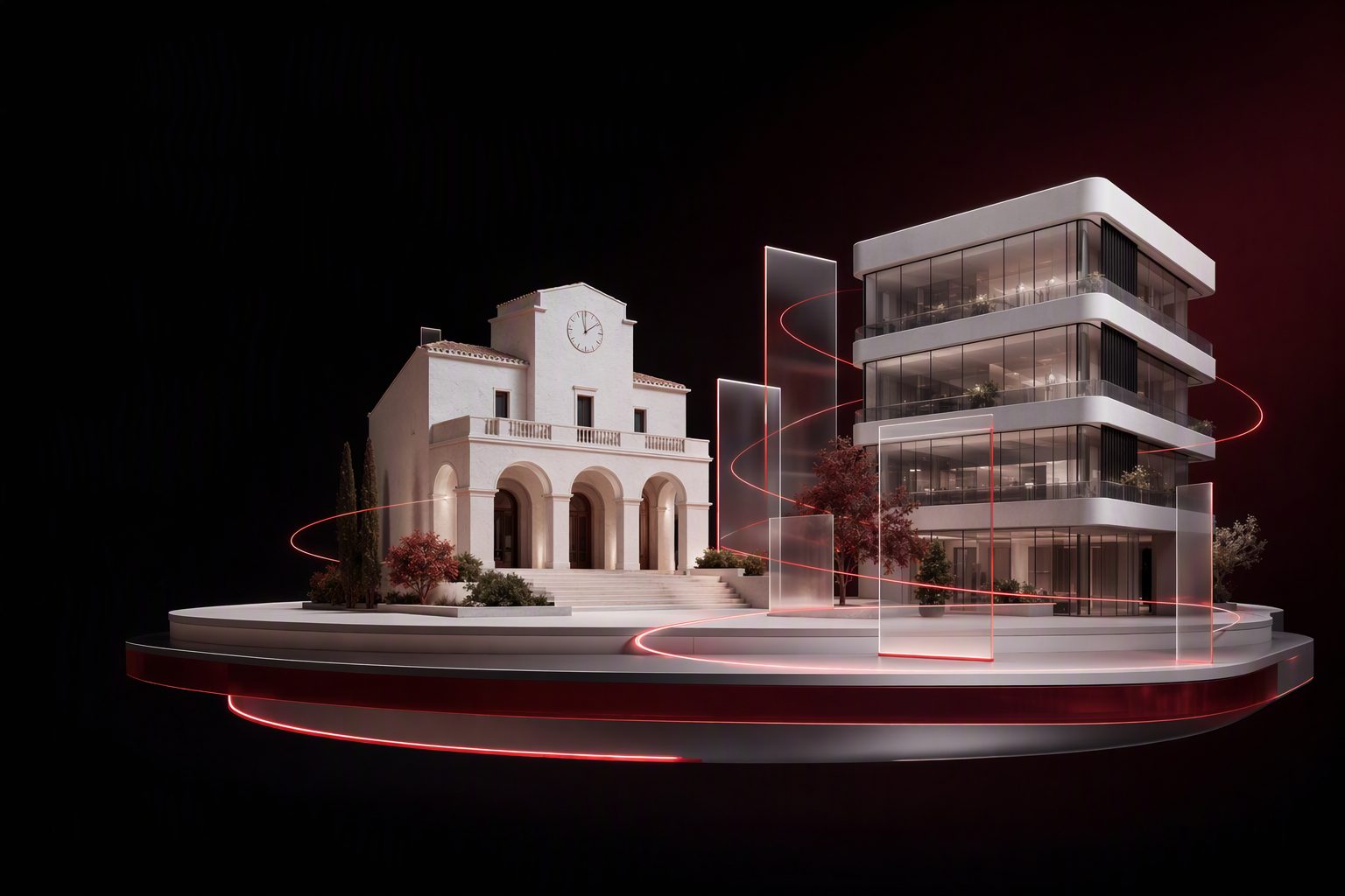 Un ayuntamiento mediterráneo y un edificio de oficinas conectados por líneas de luz