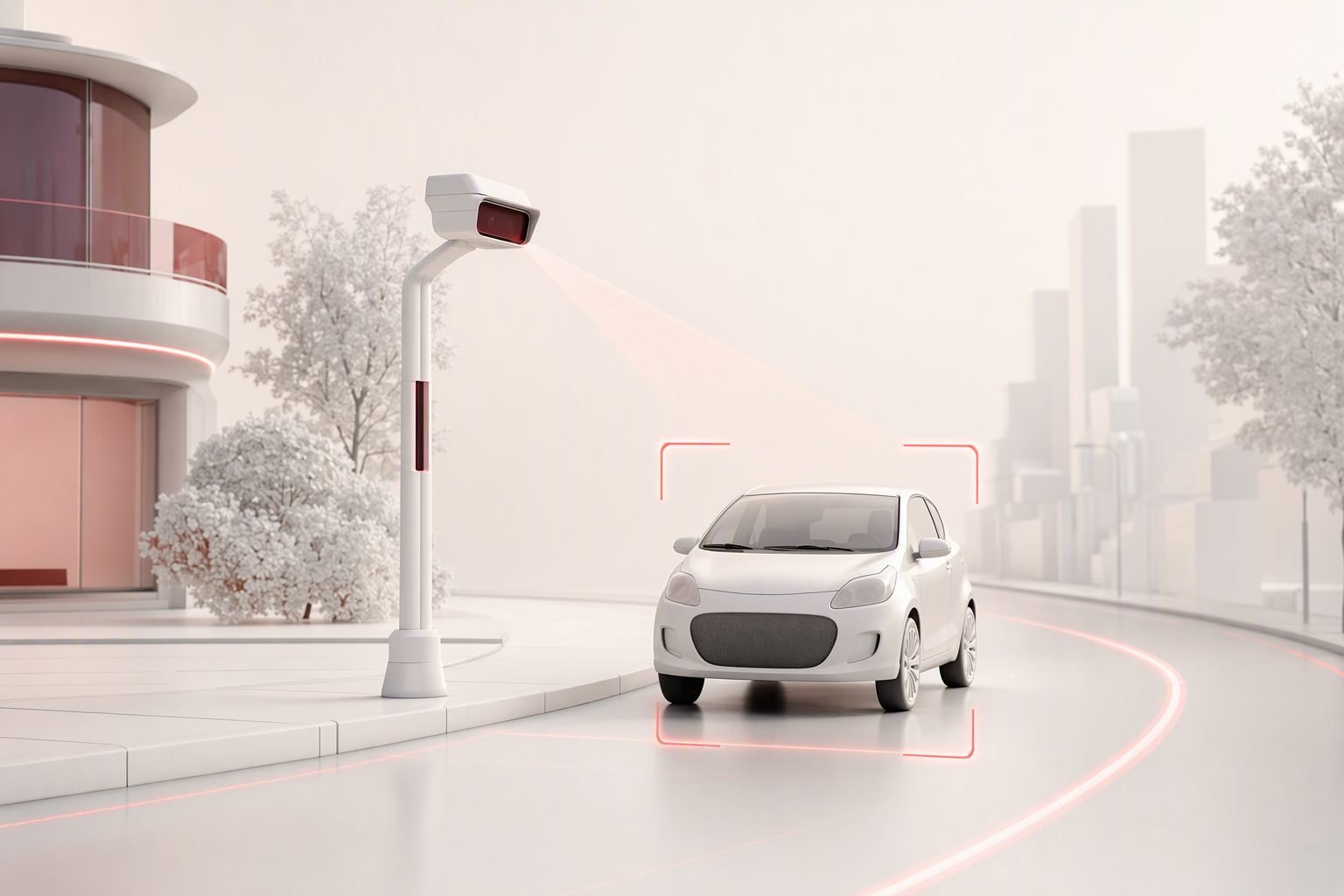 A car on a street with a speed camera and a detection frame