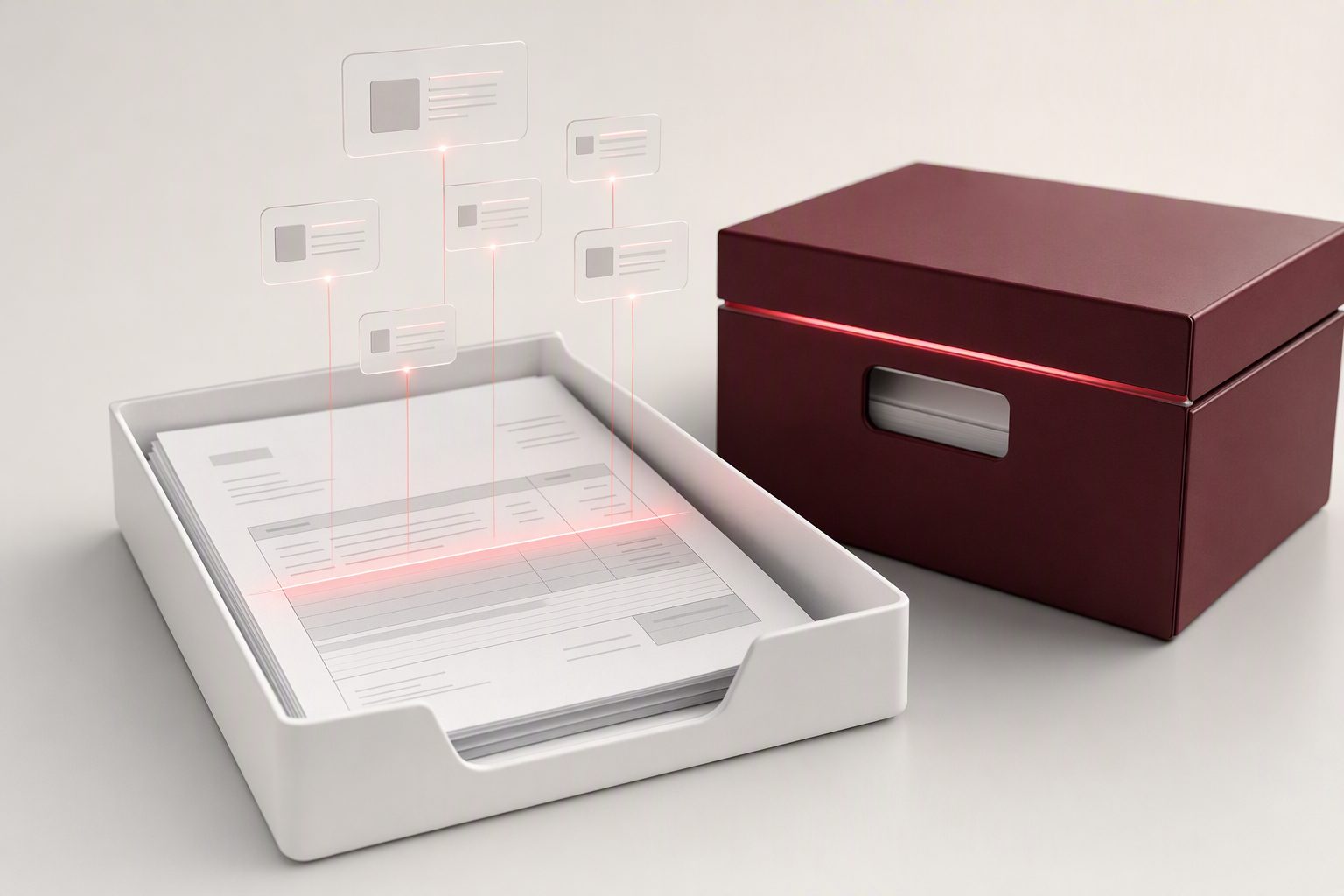 A tray of invoices scanned by a beam of light