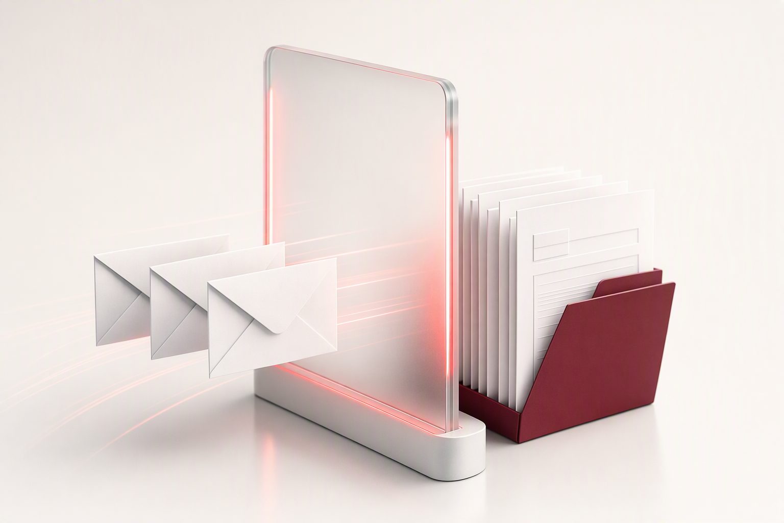 Envelopes going in through a glass door and coming out as neatly organised invoices