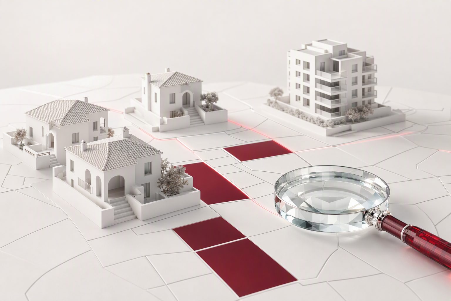 Maquetas de viviendas sobre un plano catastral con parcelas destacadas